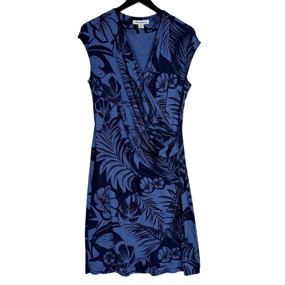 Tommy Bahama Ruched Knee Length Tropical Jersey Dress Blue V-Neck - L